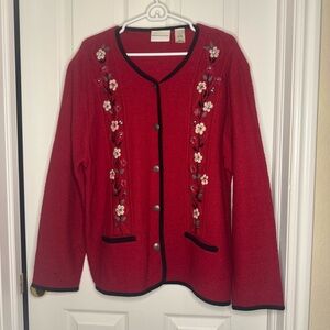 Alfred Dunner Women's Red Floral Embroidered Sweater 100% Wool